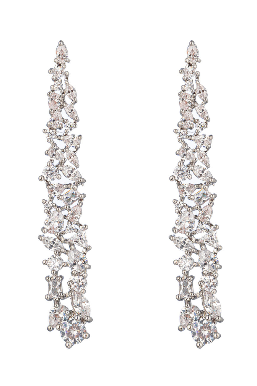 Silver tone brass graduated statement earrings studded with CZ crystals.