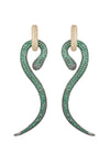 Gold tone brass mamba snake pendant earrings studded with green CZ crystals.