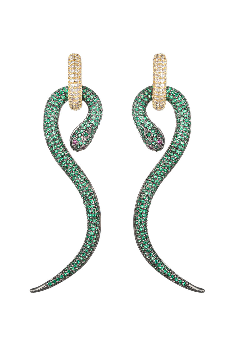 Gold tone brass mamba snake pendant earrings studded with green CZ crystals.