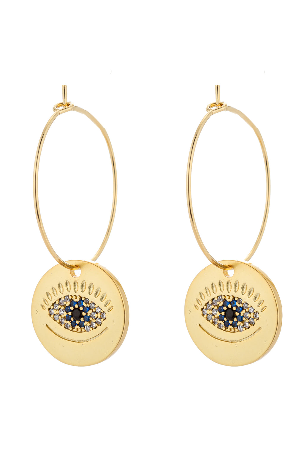 18k matte gold plated evil eye charm earrings studded with CZ crystals.