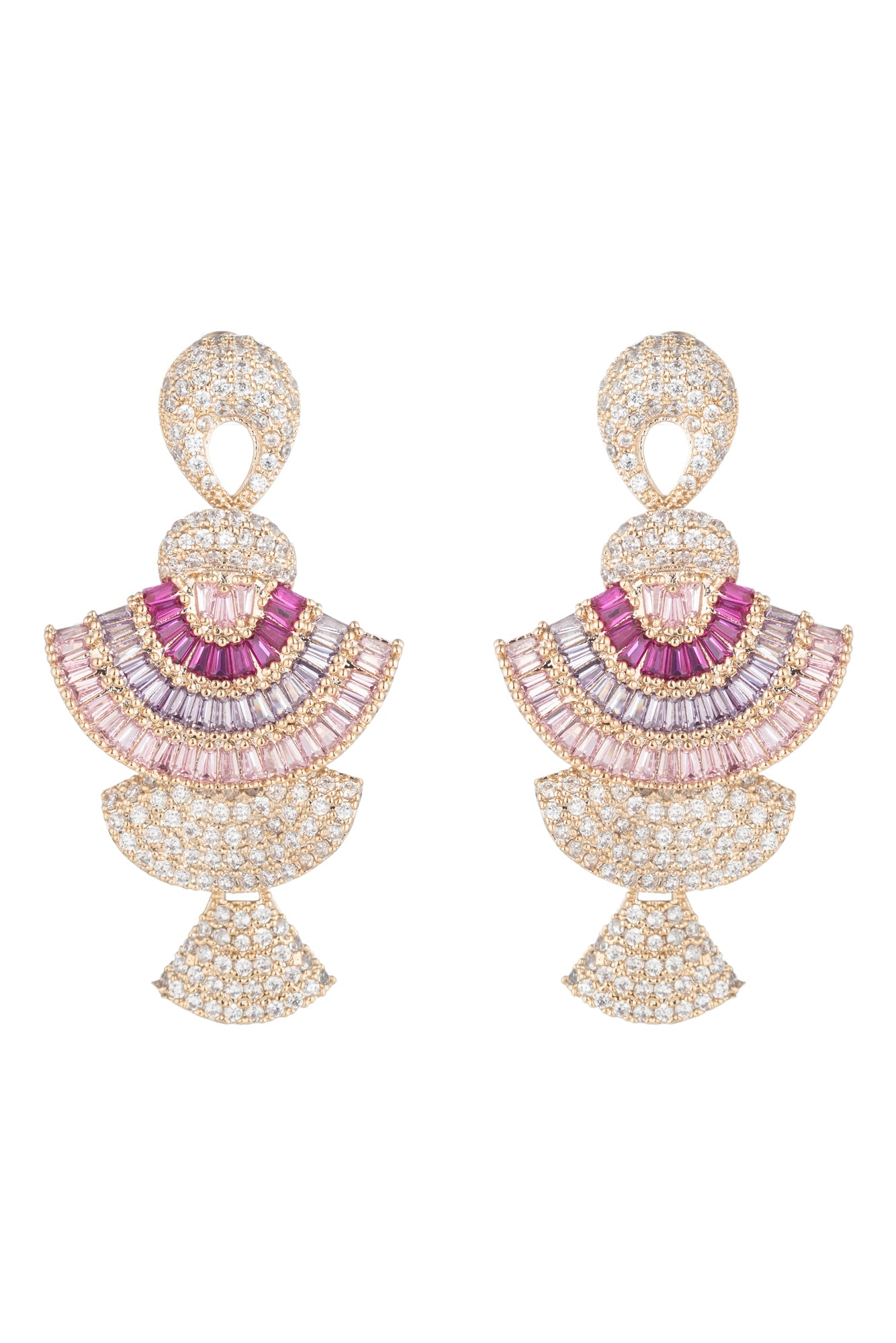 Gold plated earring featuring 3 tiers of layered fans decorated with magenta crystals, purple crystals, and pink crystals. 