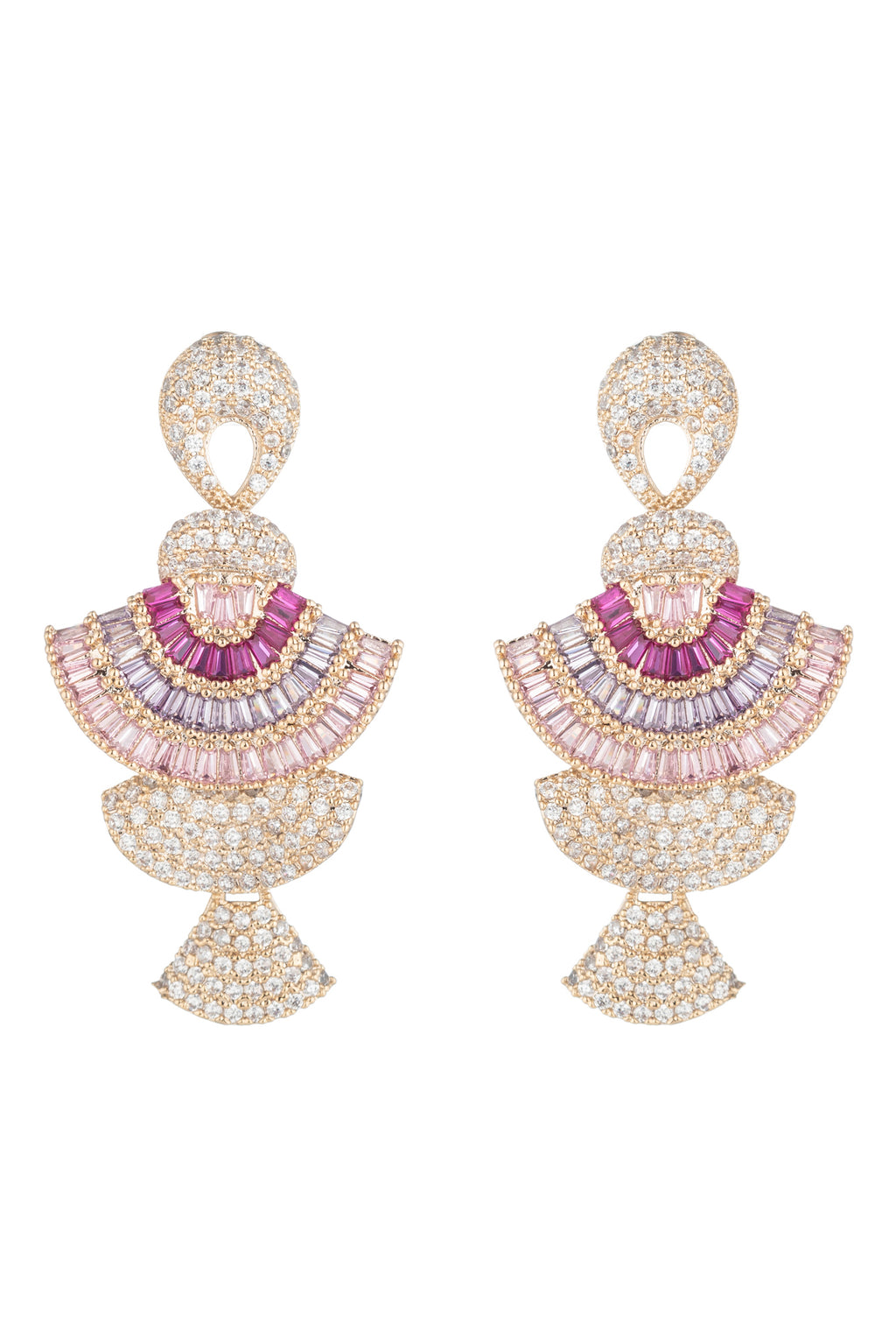 Gold plated earring featuring 3 tiers of layered fans decorated with magenta crystals, purple crystals, and pink crystals. 