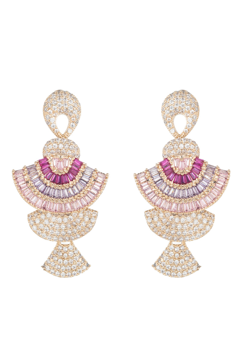 Gold plated earring featuring 3 tiers of layered fans decorated with magenta crystals, purple crystals, and pink crystals. 