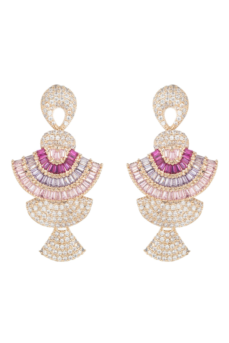 Gold plated earring featuring 3 tiers of layered fans decorated with magenta crystals, purple crystals, and pink crystals. 