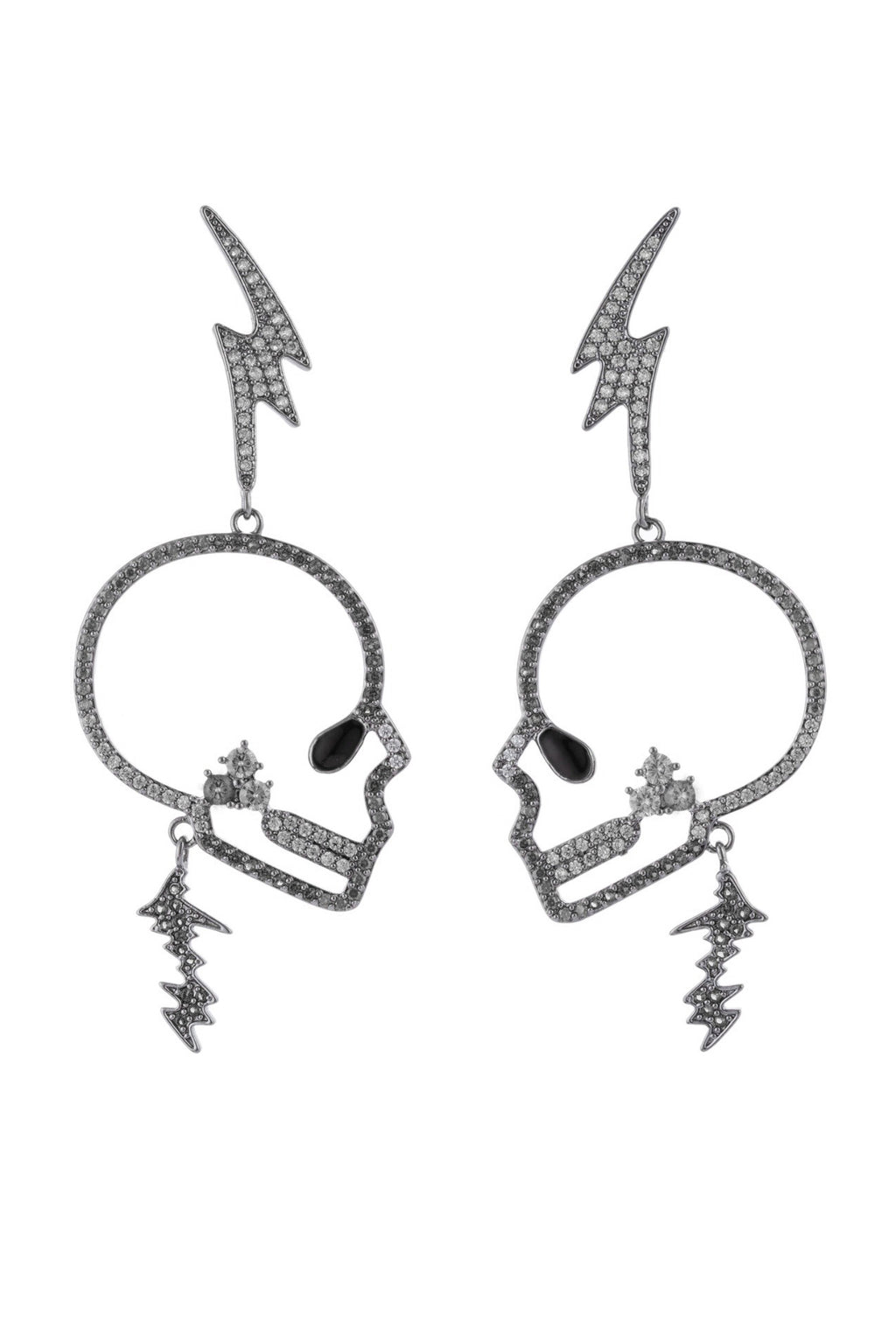 Silver tone brass skull statement earrings studded with CZ crystals.