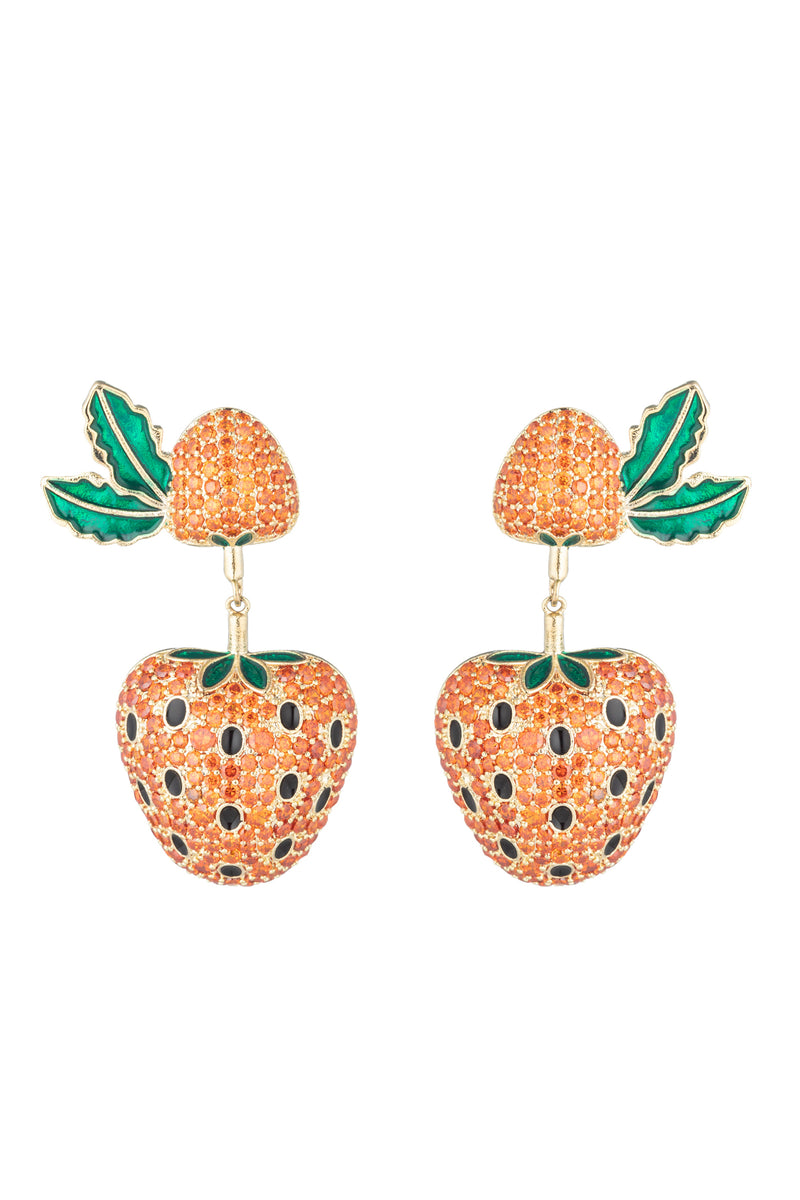 14k gold plated strawberry earrings studded with CZ crystals.