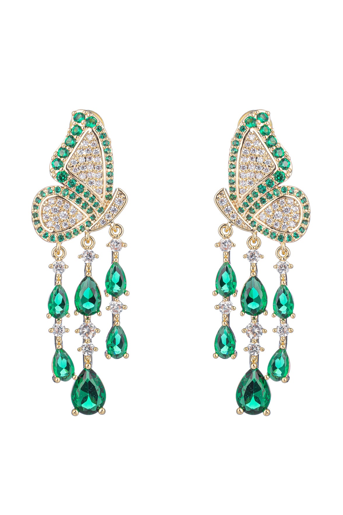 Gold brass monarch butterfly dangle earrings studded with CZ crystals.