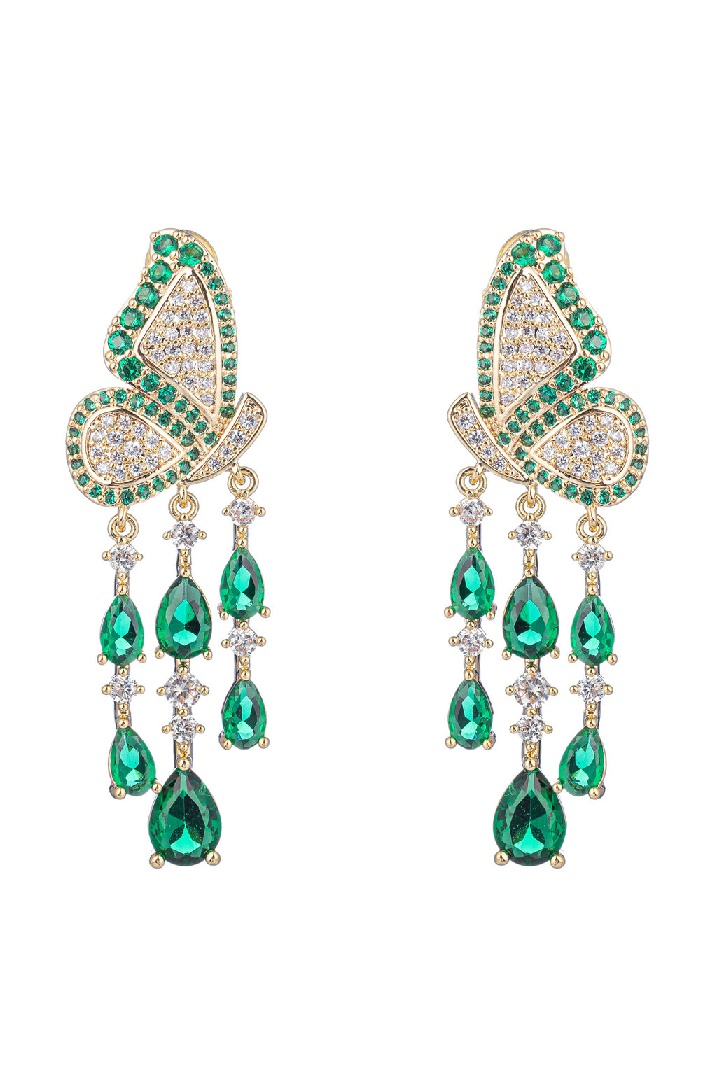 Gold brass monarch butterfly dangle earrings studded with CZ crystals.