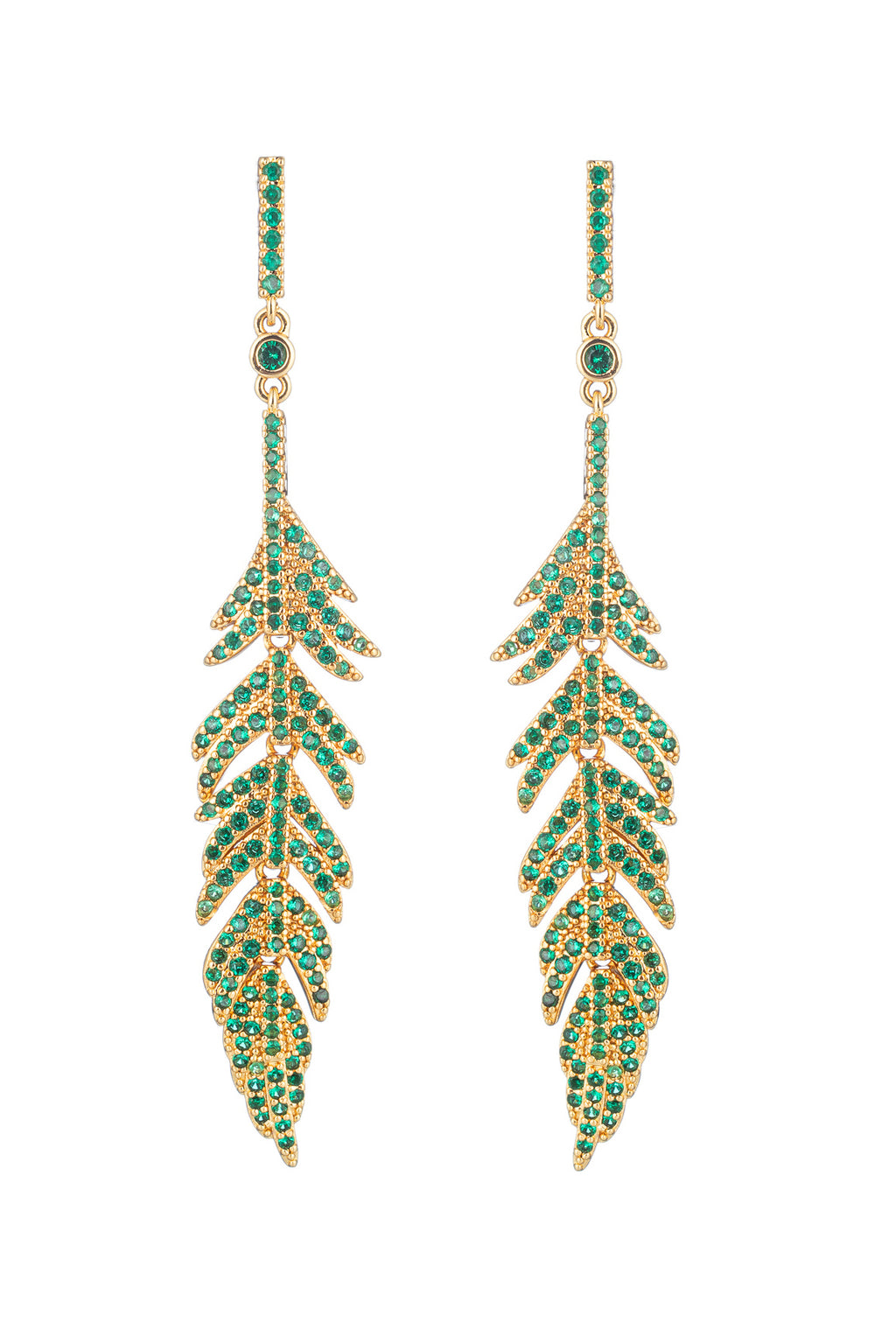 Gold tone brass feather drop earrings studded with green CZ crystals.