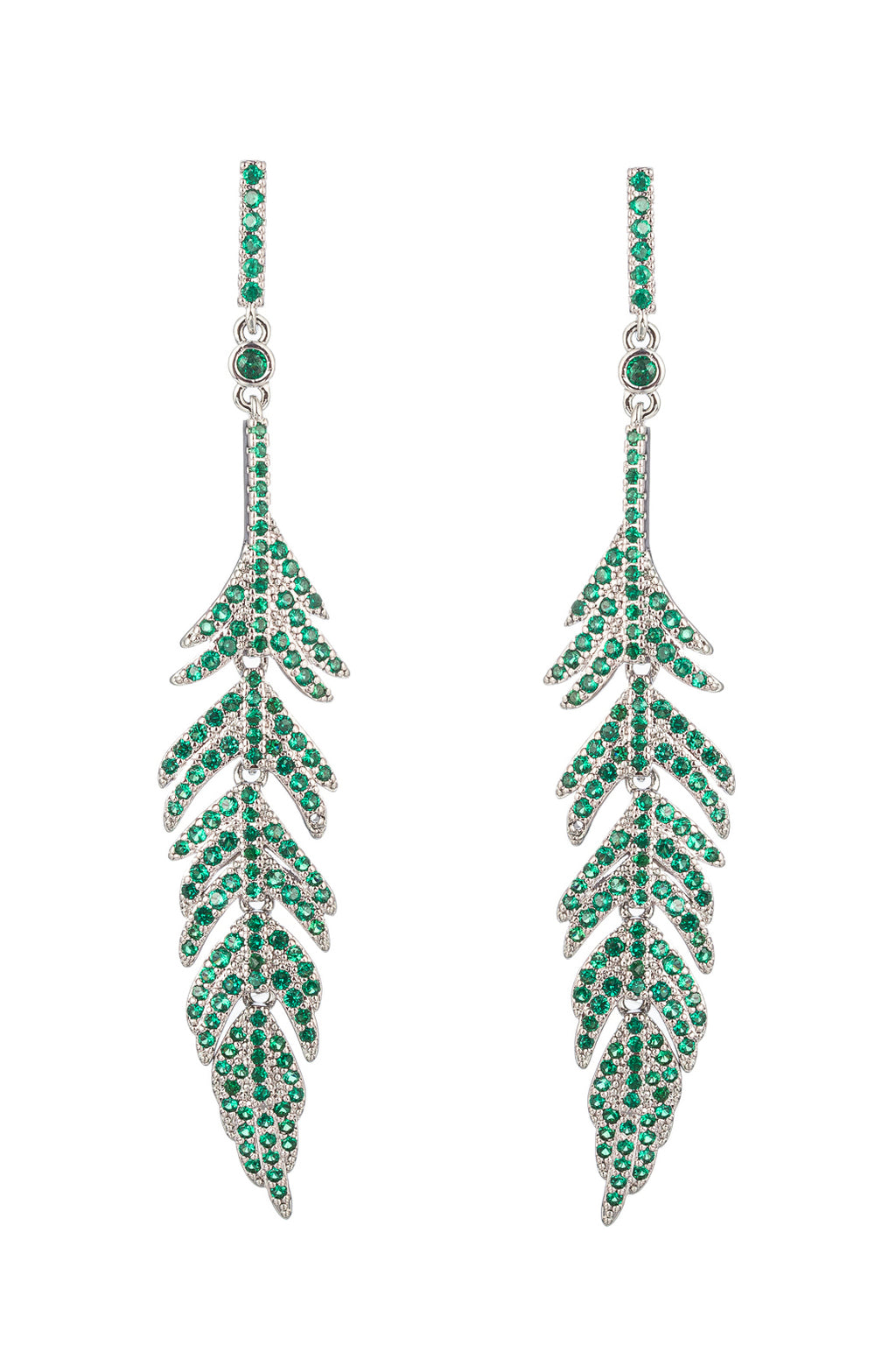 Silver tone brass feather drop earrings studded with green CZ crystals.
