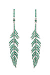 Silver tone brass feather drop earrings studded with green CZ crystals.