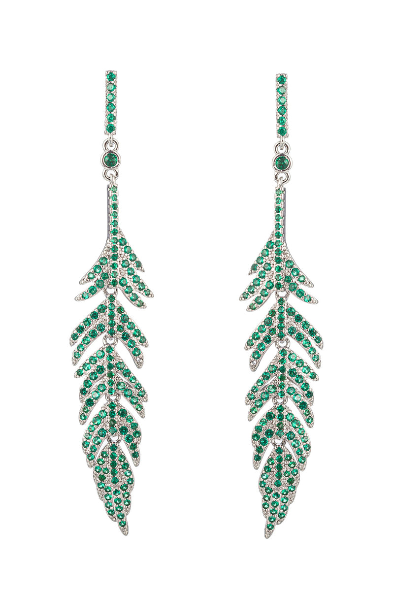 Silver tone brass feather drop earrings studded with green CZ crystals.