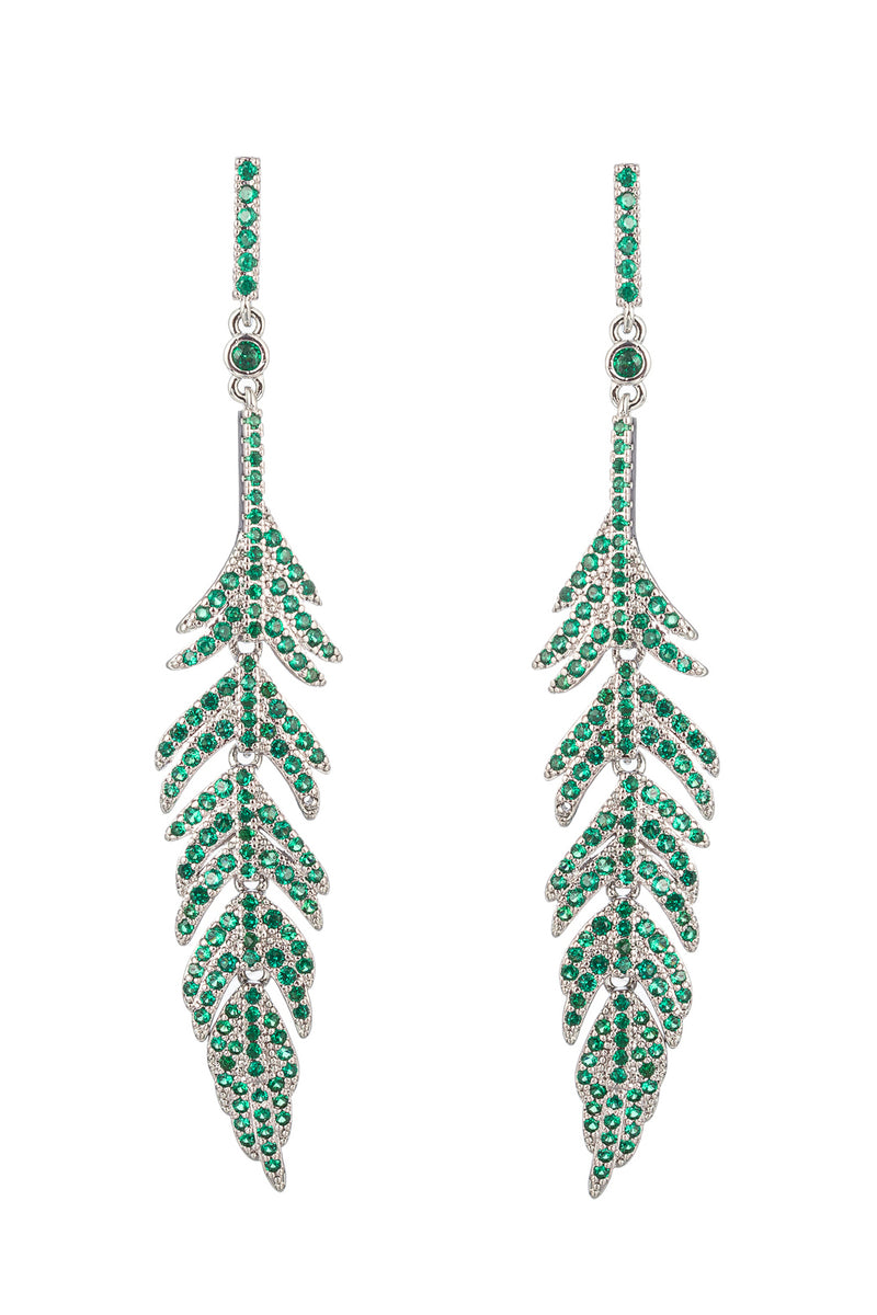 Silver tone brass feather drop earrings studded with green CZ crystals.