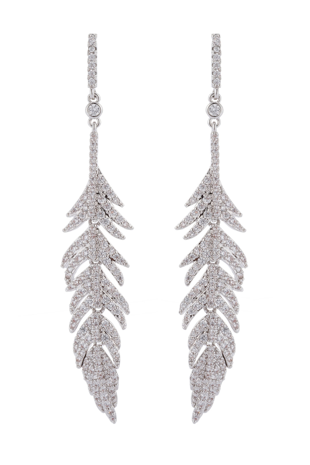 Silver leaf drop earrings studded with CZ crystals.