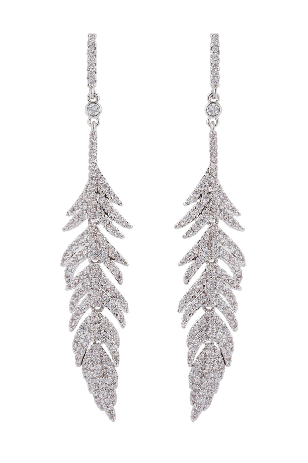 Silver leaf drop earrings studded with CZ crystals.