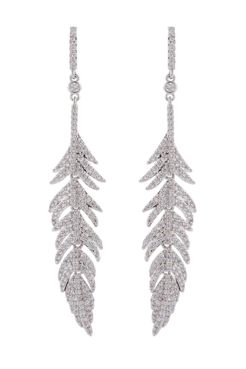 Silver leaf drop earrings studded with CZ crystals.