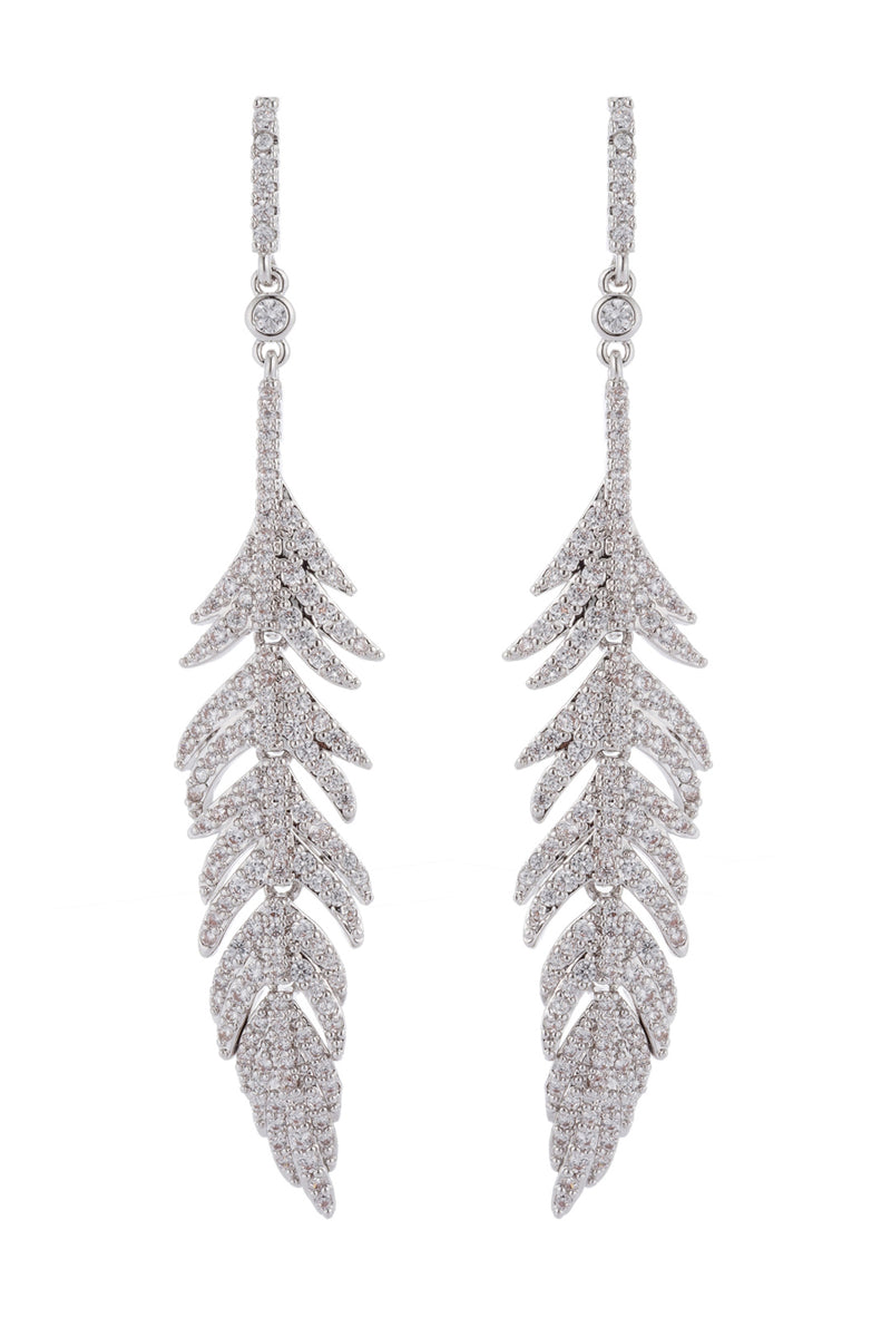 Silver leaf drop earrings studded with CZ crystals.