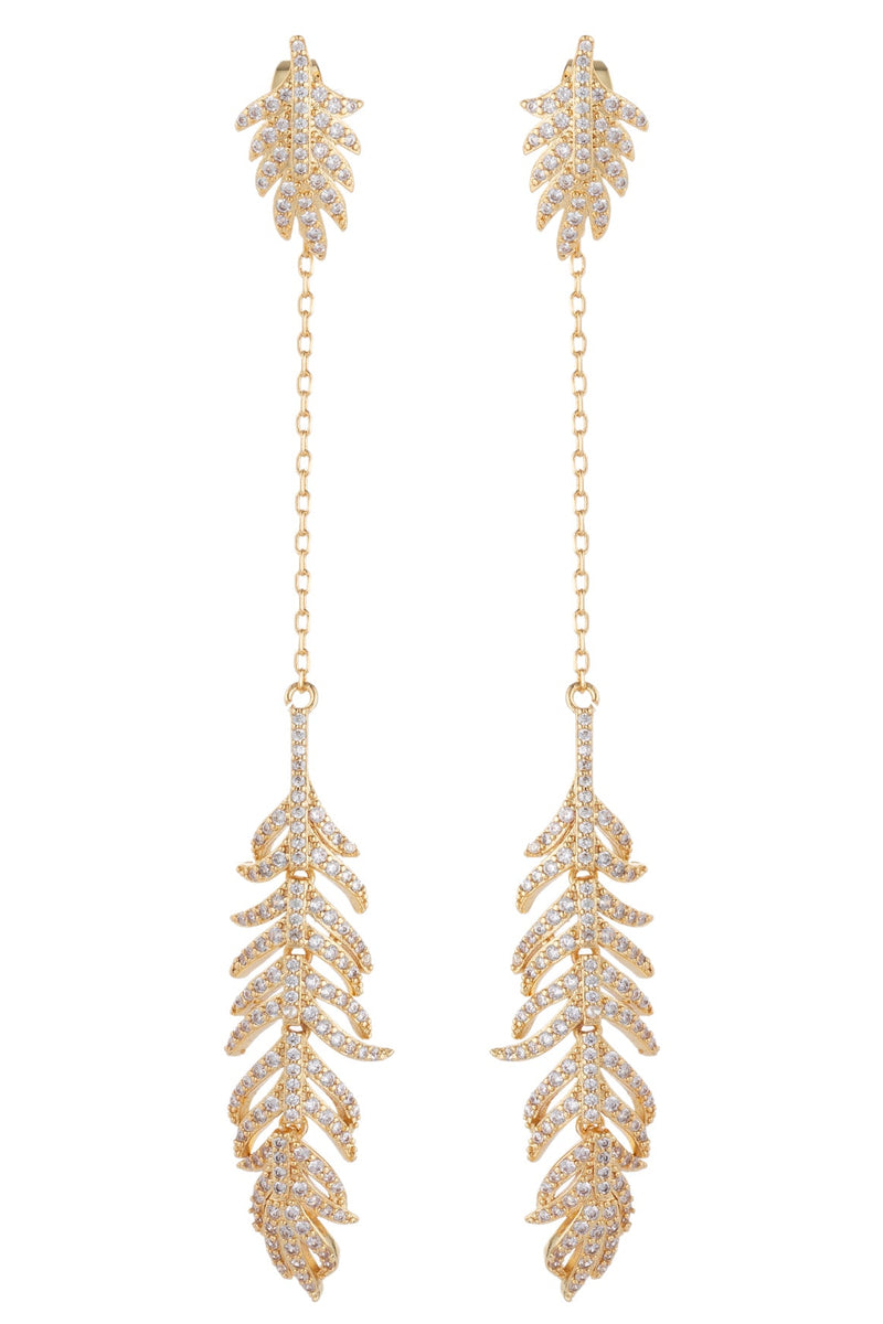 Feather 18K Gold Plated CZ Crystal Drop Earring