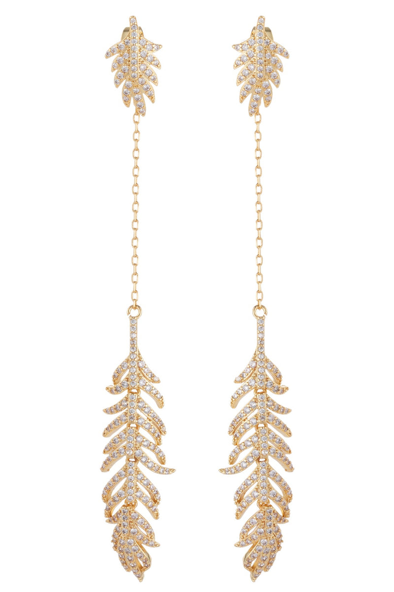 Feather 18K Gold Plated CZ Crystal Drop Earring
