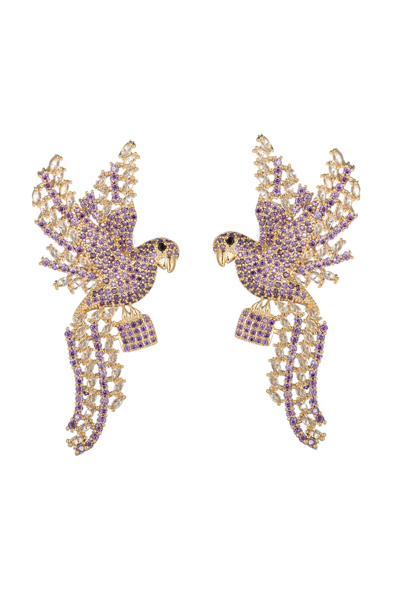 Gold brass flying bird pendants studded with pink CZ crystals.