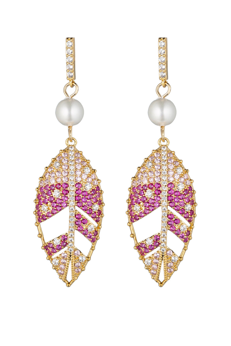 18k gold plated pink leaf drop earrings studded with CZ crystals.