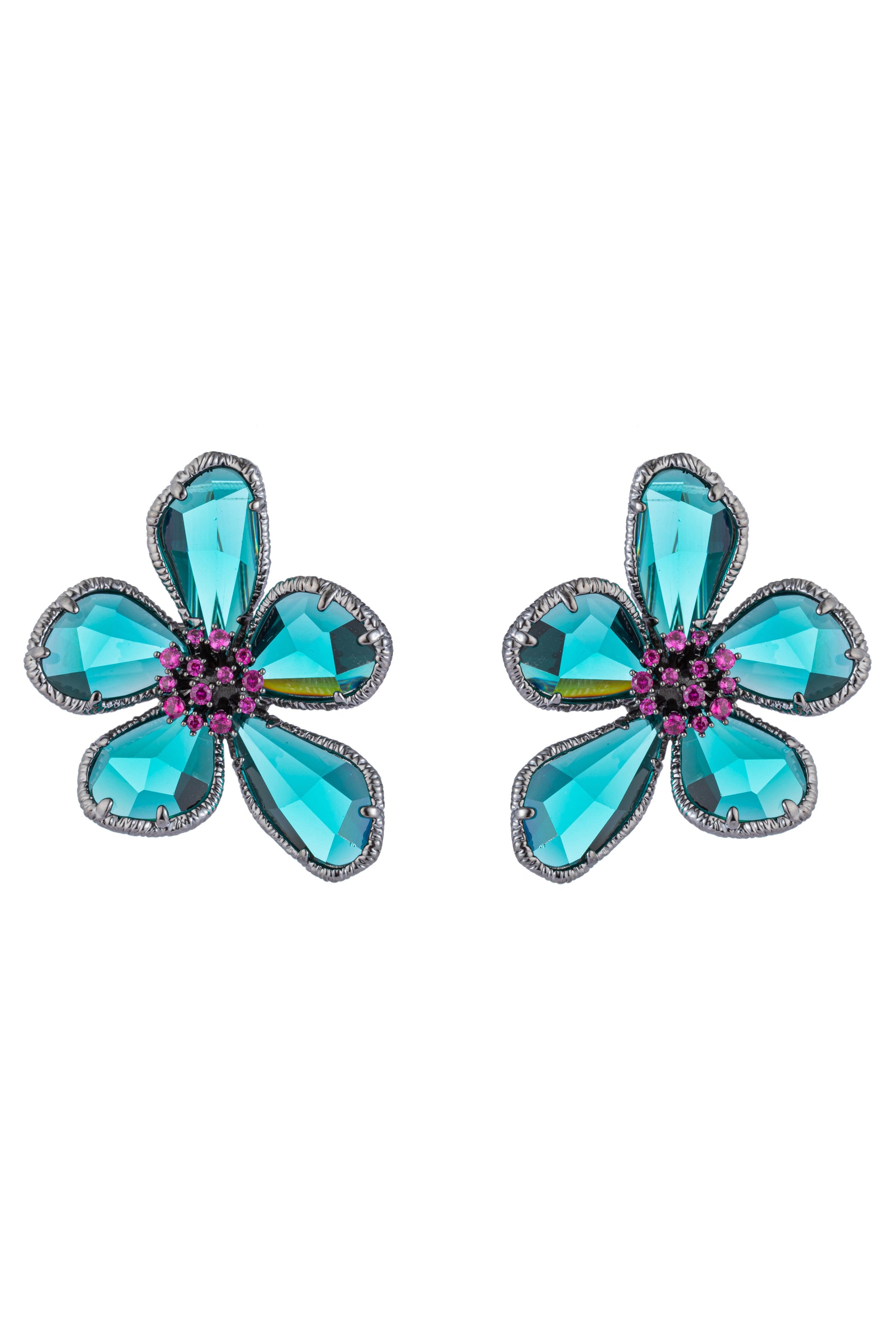 Pair of 1 inch blue and silver flower earrings. Earrings feature 5 teal cubic zirconia petals and studded purple cubic zirconia stone center.