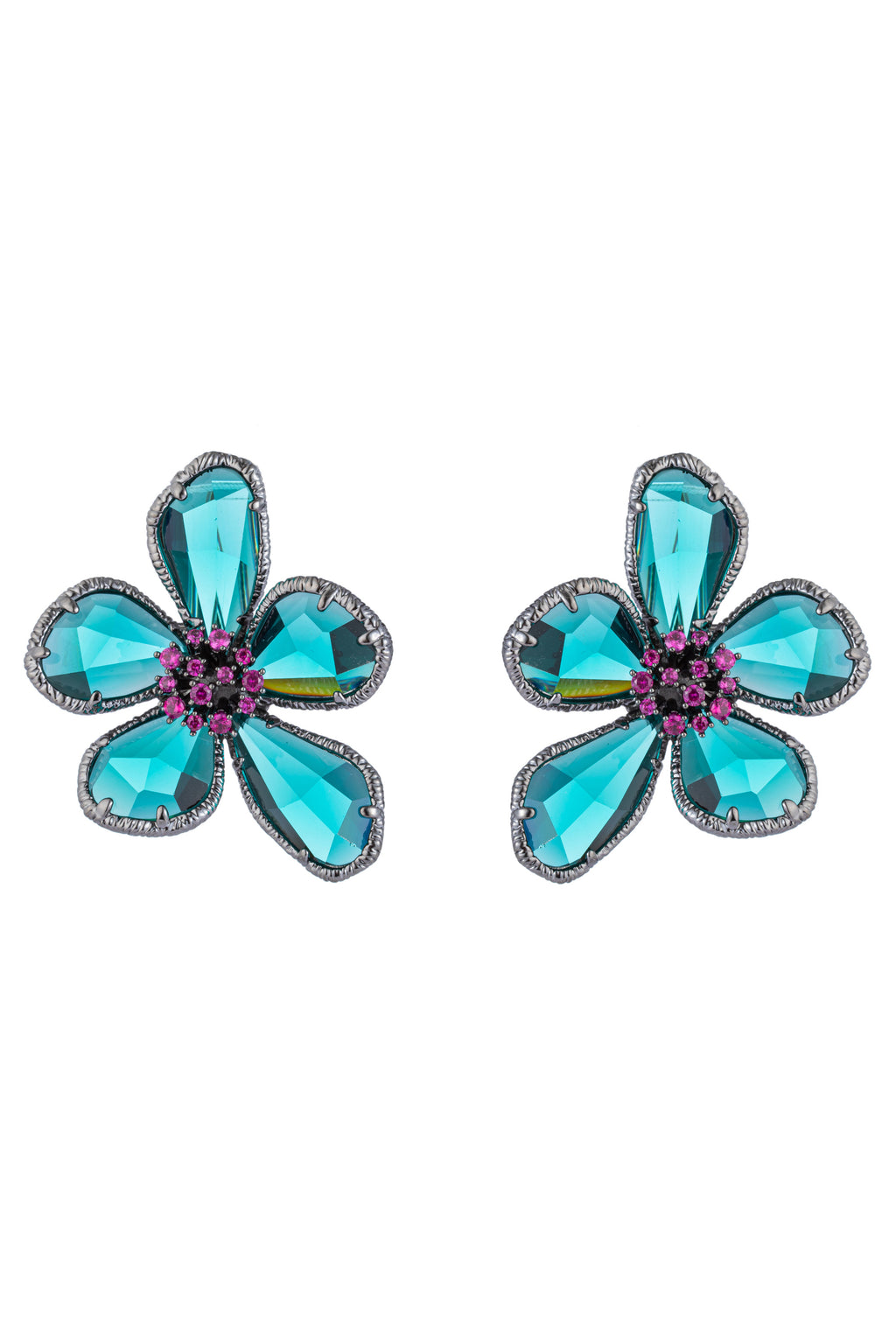 Pair of 1 inch blue and silver flower earrings. Earrings feature 5 teal cubic zirconia petals and studded purple cubic zirconia stone center.