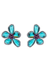 Pair of 1 inch blue and silver flower earrings. Earrings feature 5 teal cubic zirconia petals and studded purple cubic zirconia stone center.