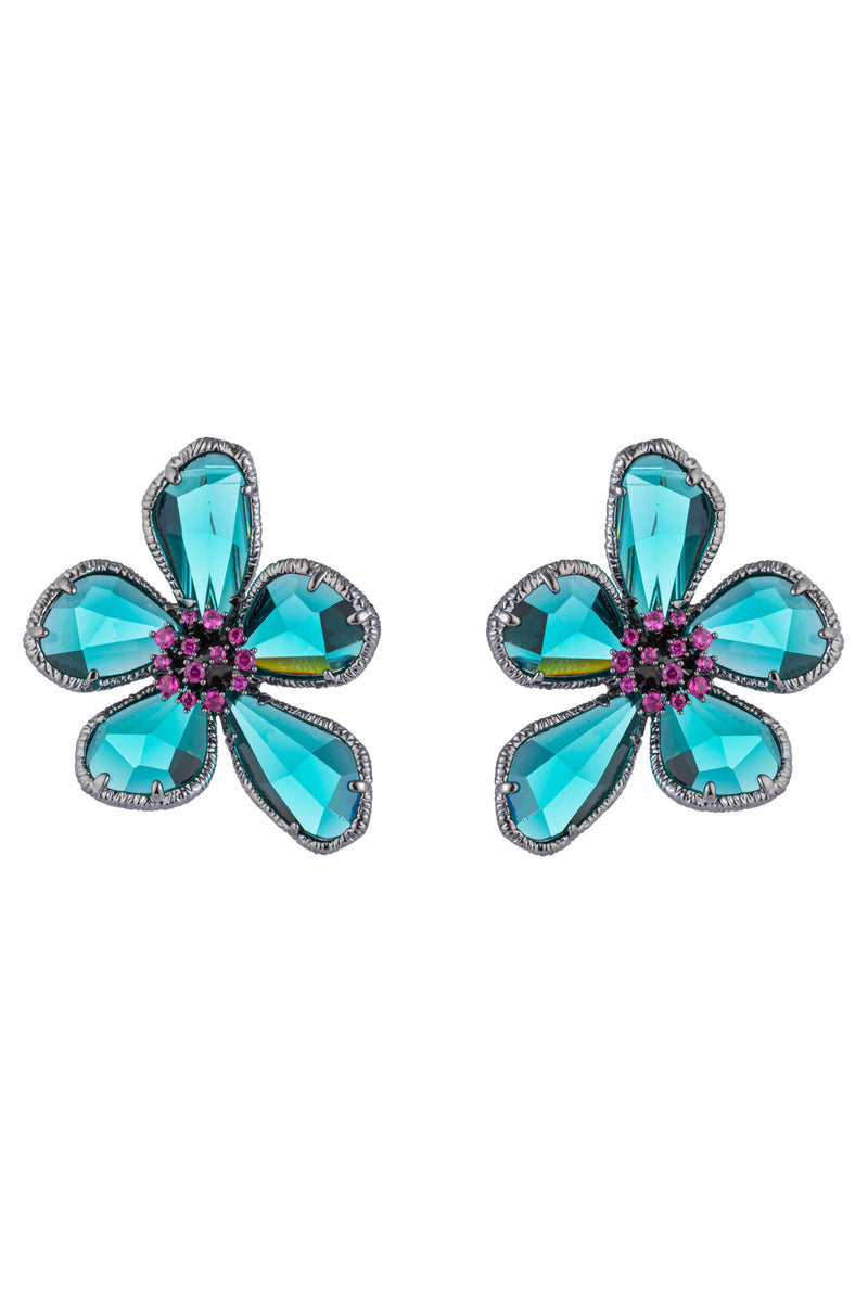 Pair of 1 inch blue and silver flower earrings. Earrings feature 5 teal cubic zirconia petals and studded purple cubic zirconia stone center.