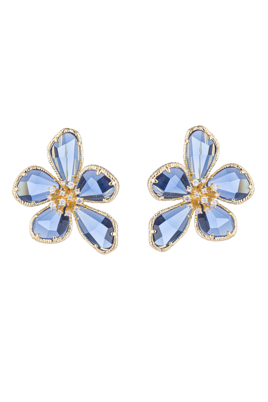 Blue flower earrings studded with CZ crystals.