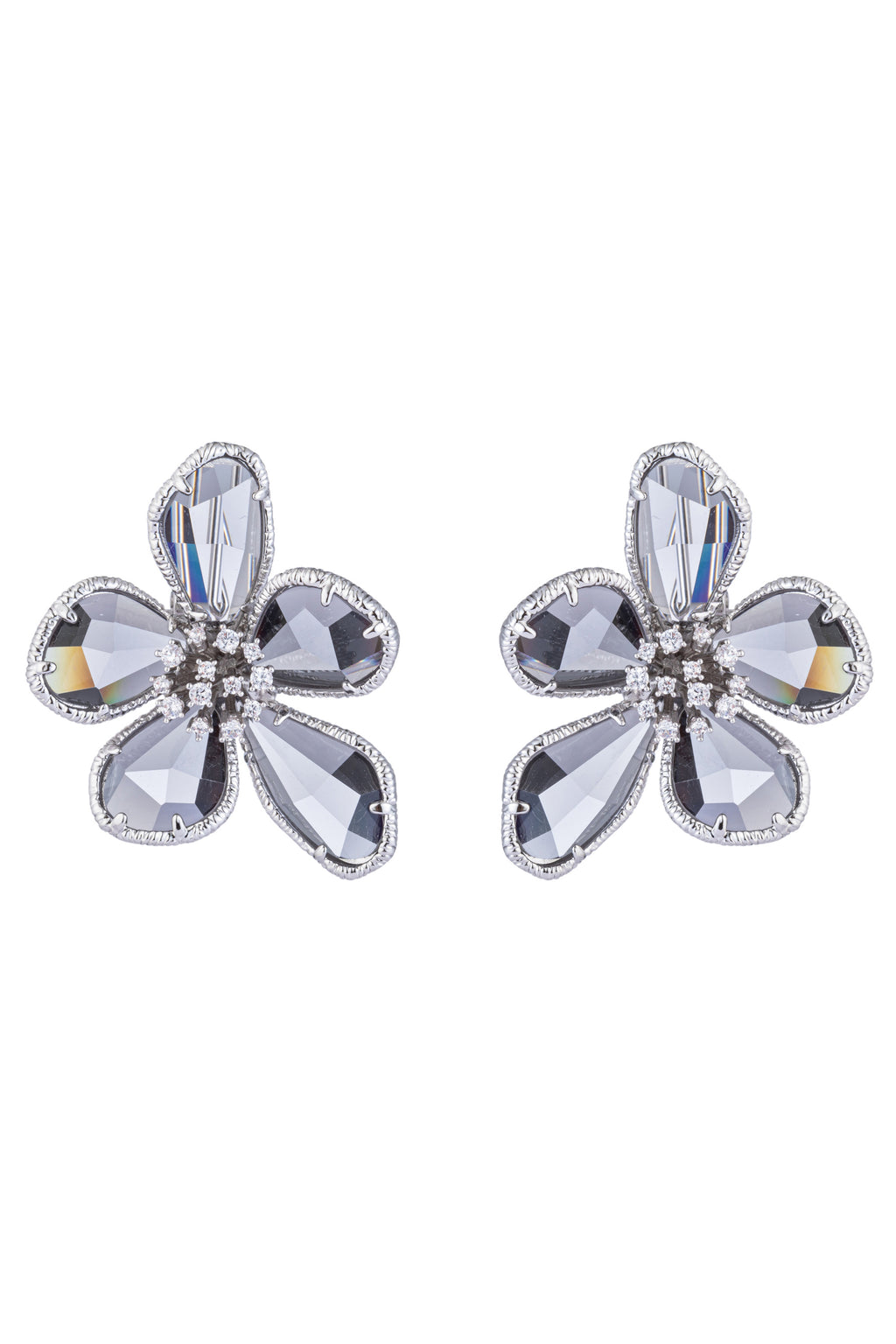 Pair of 1 inch silver flower earrings. Earrings feature 5 grey cubic zirconia petals and studded white cubic zirconia stone center.