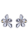 Pair of 1 inch silver flower earrings. Earrings feature 5 grey cubic zirconia petals and studded white cubic zirconia stone center.