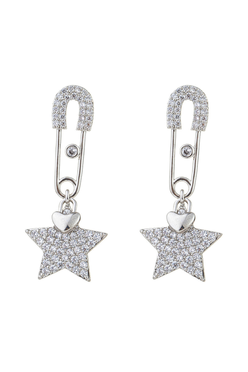 Silver star safety pin dangle earrings studded with CZ crystals.