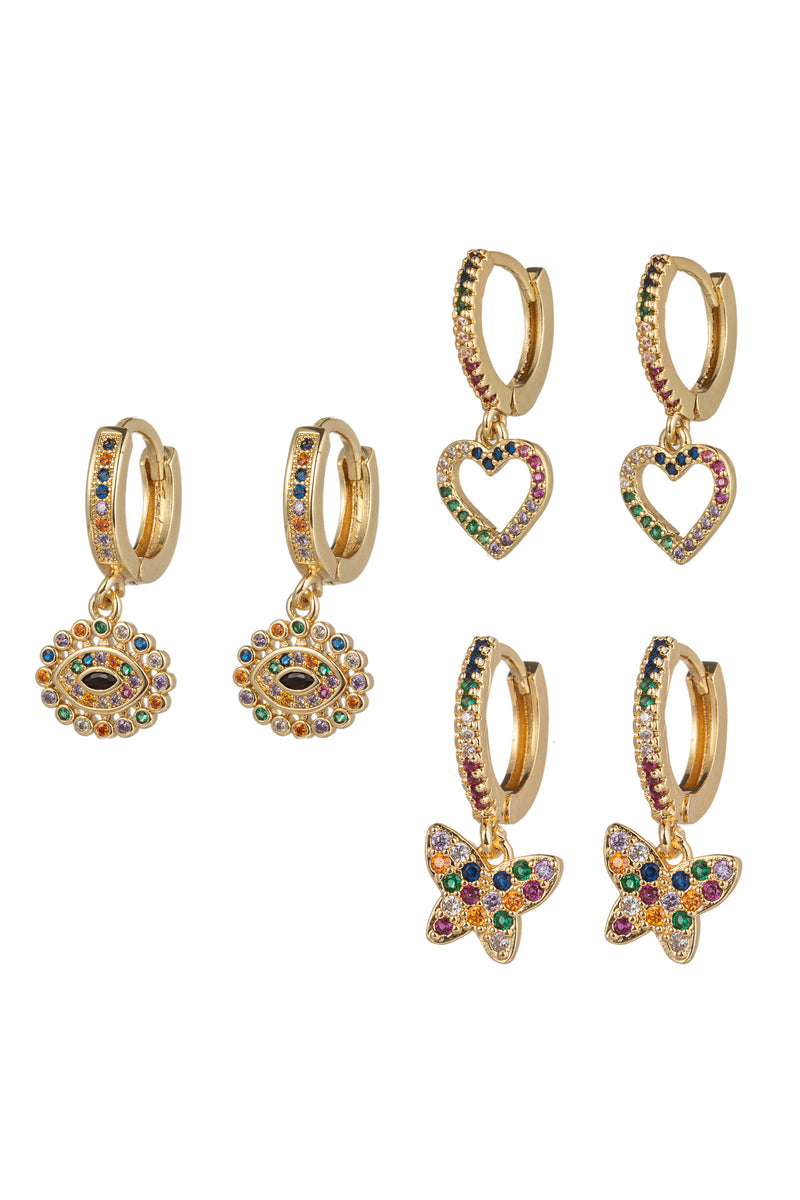 3 piece 18k gold plated huggie earring set studded with CZ crystals.