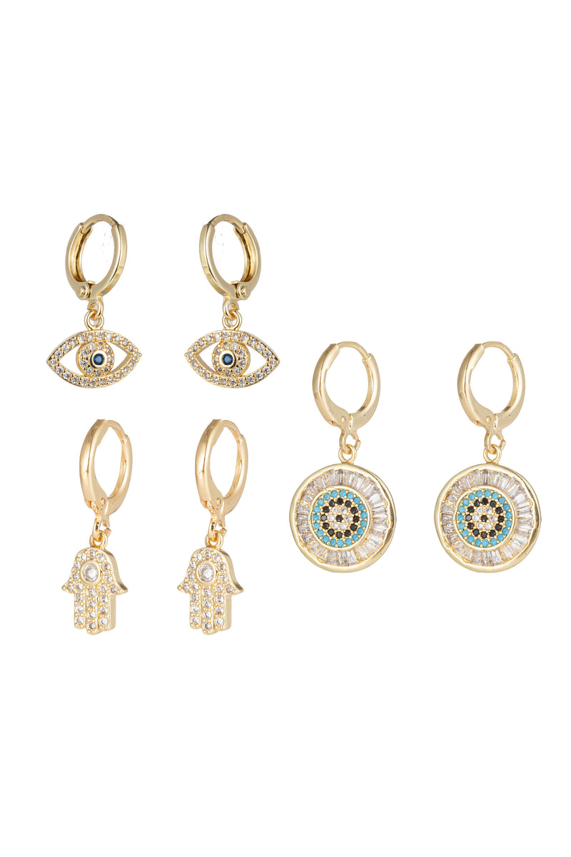 3 piece hamsa eye 18k gold plated huggie earring set.