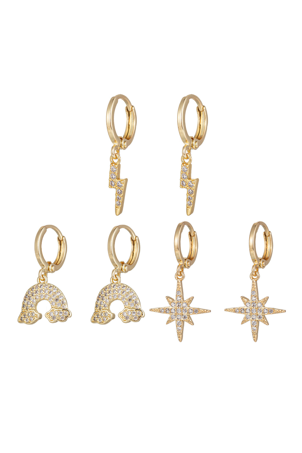 Lightning bolt and star 18k gold plated huggie earring set.