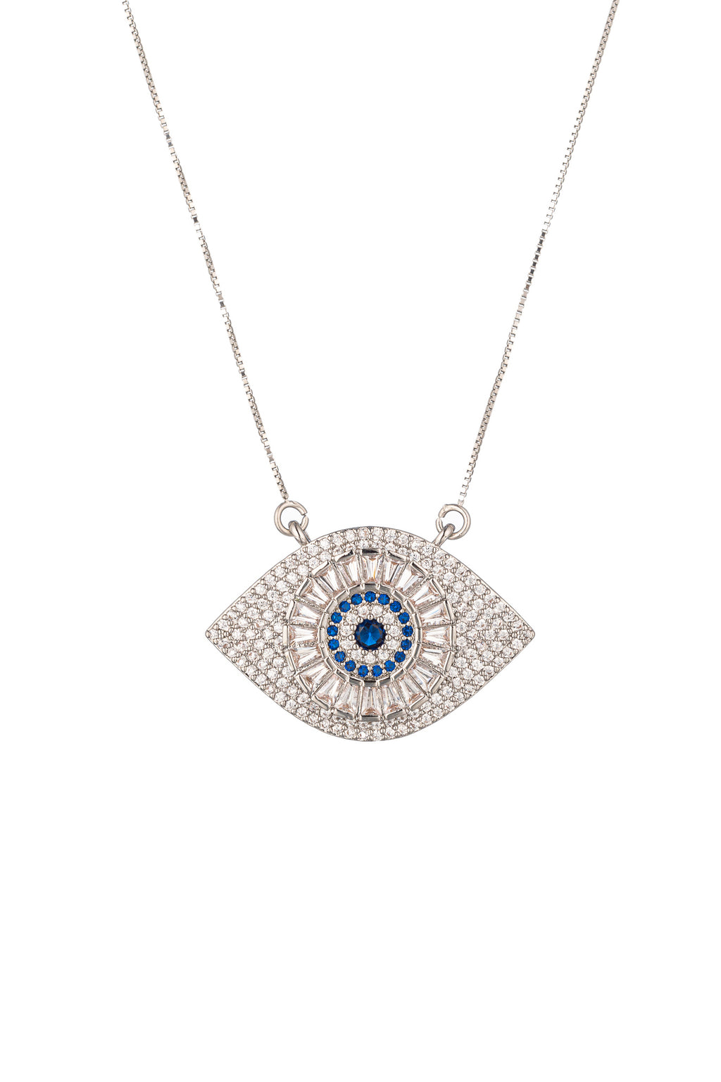 Sterling silver necklace with an evil eye brass pendant that is studded with CZ crystals.
