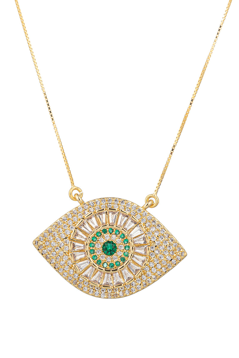 Sterling silver gold eye pendant necklace studded with CZ crystals.