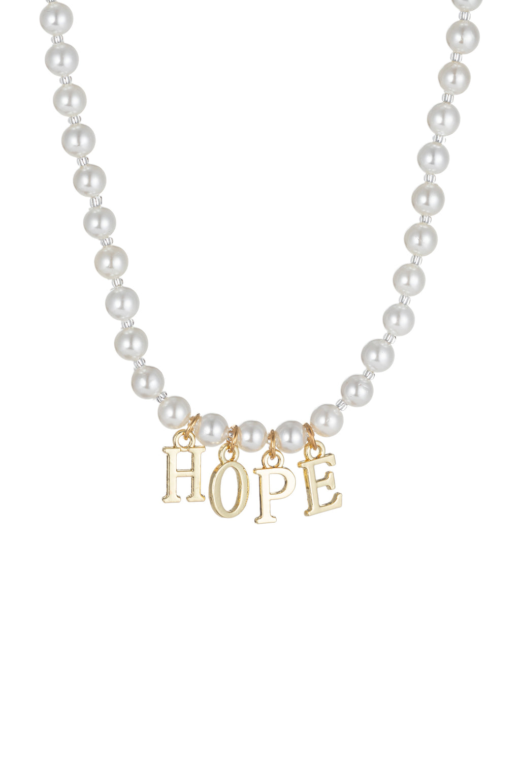 Shell pearl necklace with a pendant that says HOPE.