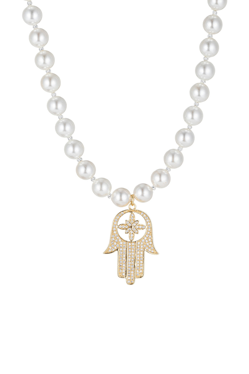 Shell pearl necklace with Hamsa hand pendant.