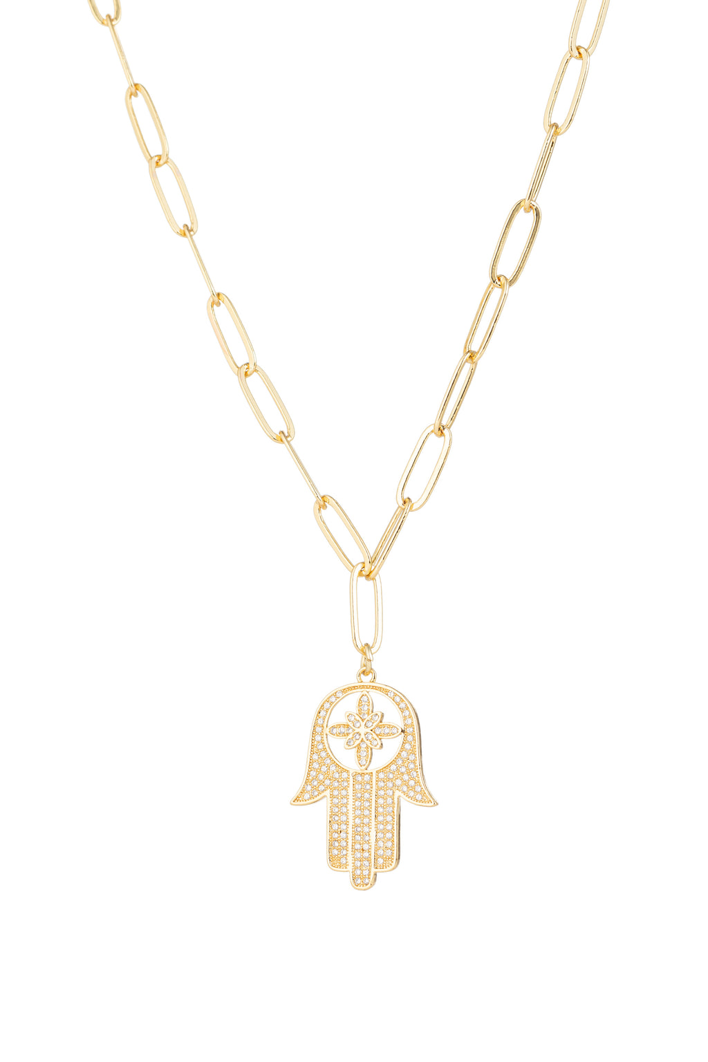 Gold Hamsa Hand chain link necklace with CZ crystals.