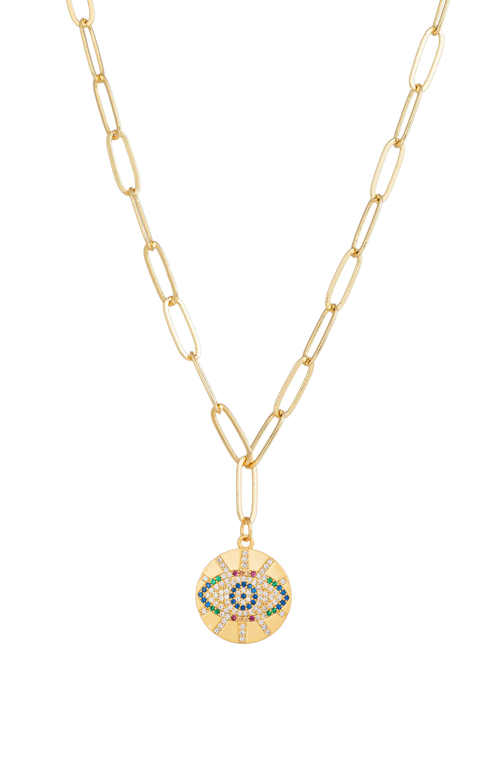 Evil eye titanium charm with CZ crystals on a gold chain link necklace.