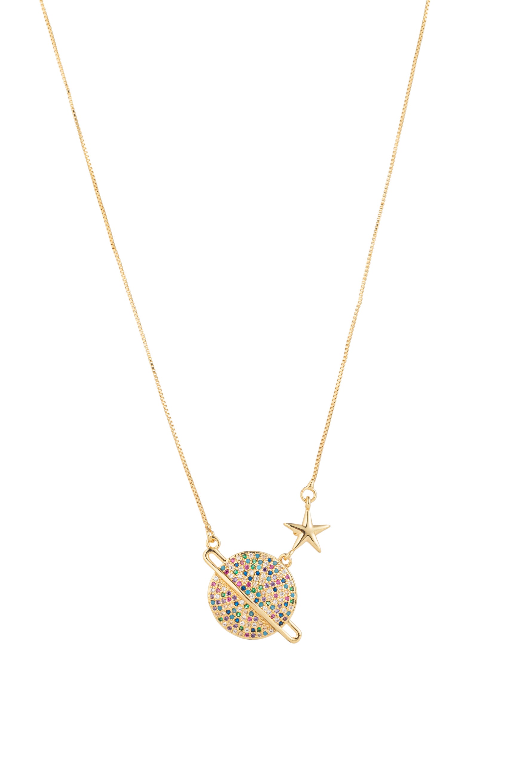 Sterling silver 14k gold plated brass Saturn pendant on a gold chain.