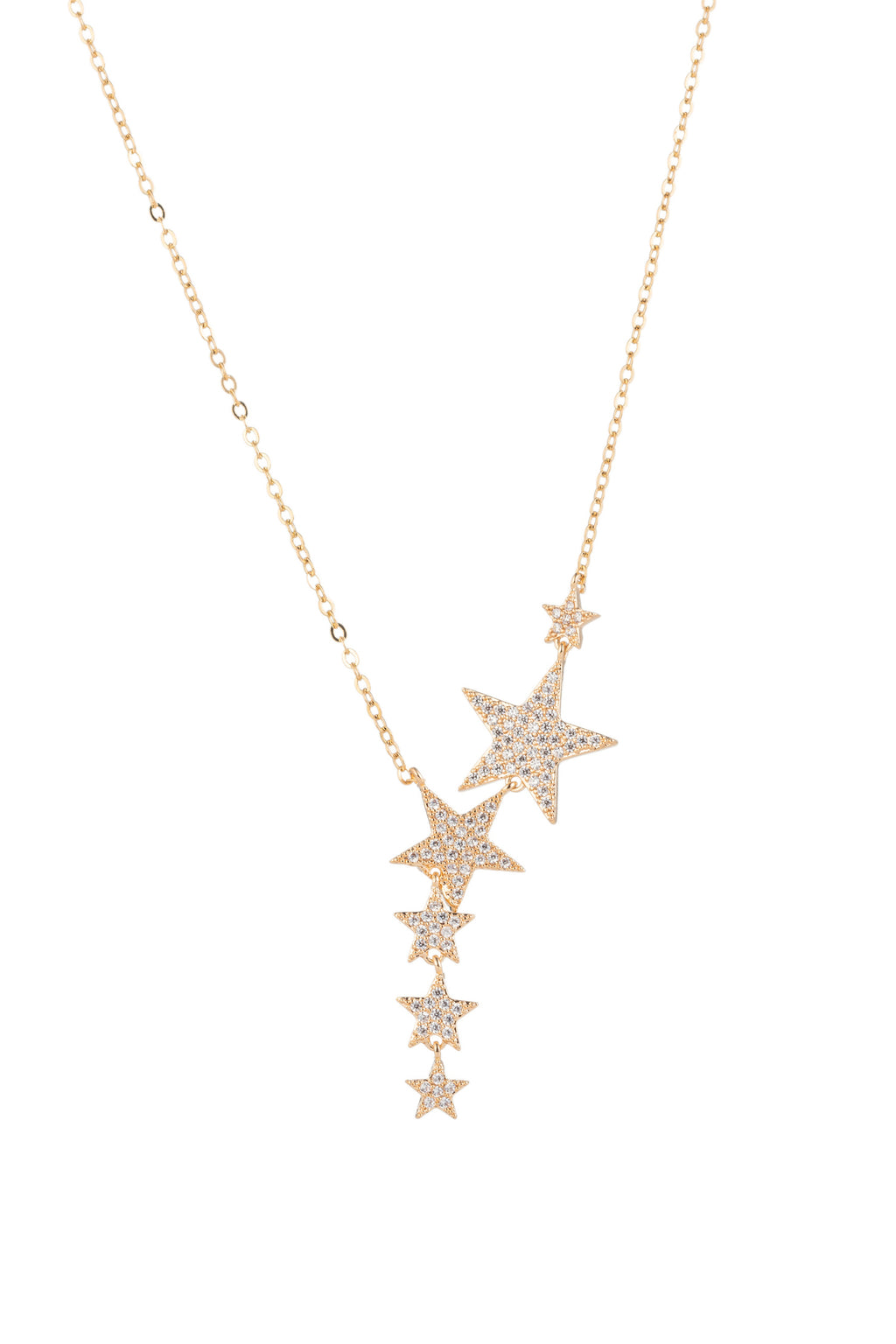 Sterling silver 14k gold plated shooting star pendant with CZ crystals on a gold chain.