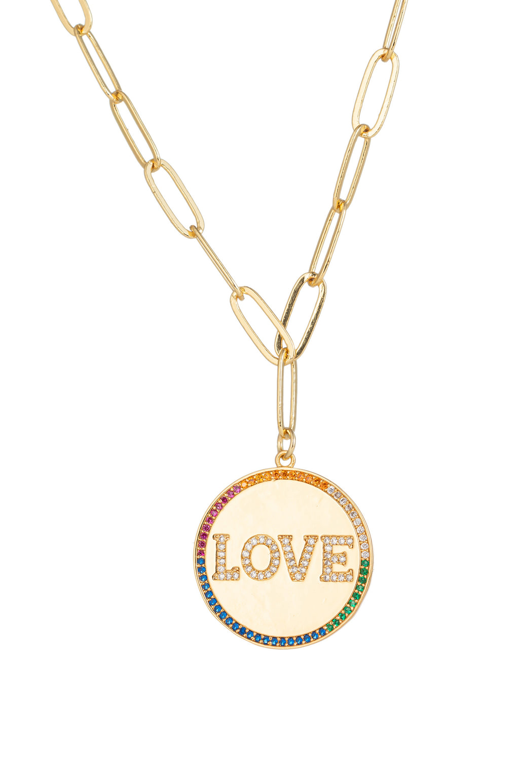 Rainbow LOVE lettering circle charm necklace with CZ crystals.