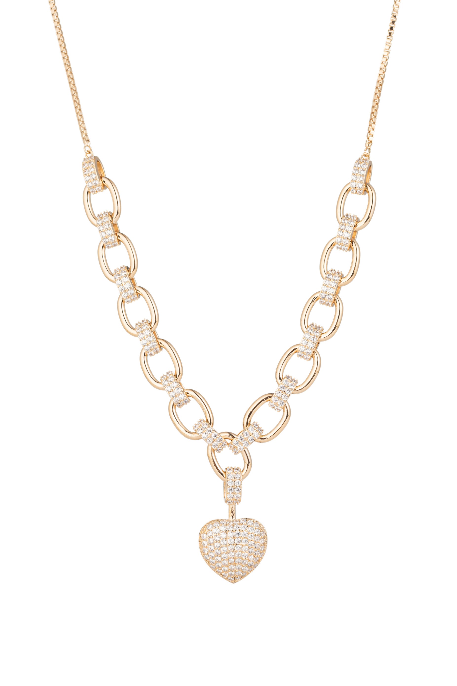 Gold heart charm necklace studded with CZ crystals.