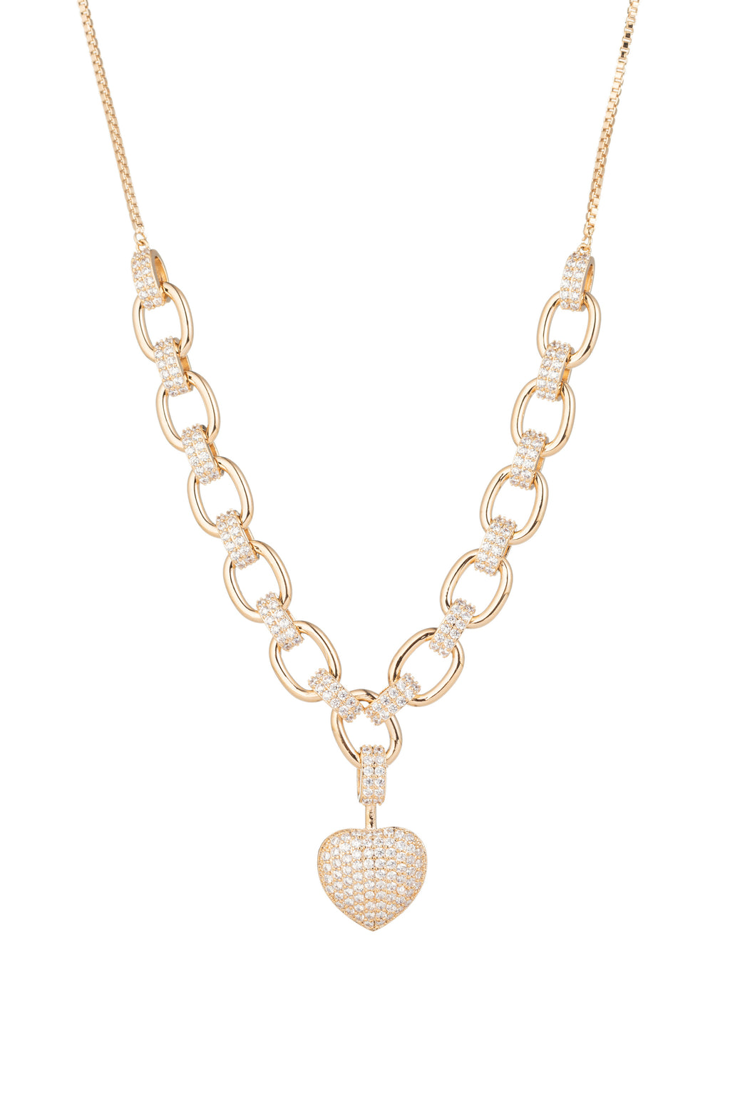 Gold heart charm necklace studded with CZ crystals.