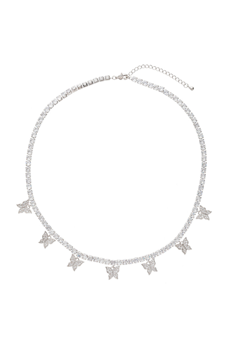 Silver butterfly statement necklace studded with CZ crystals.