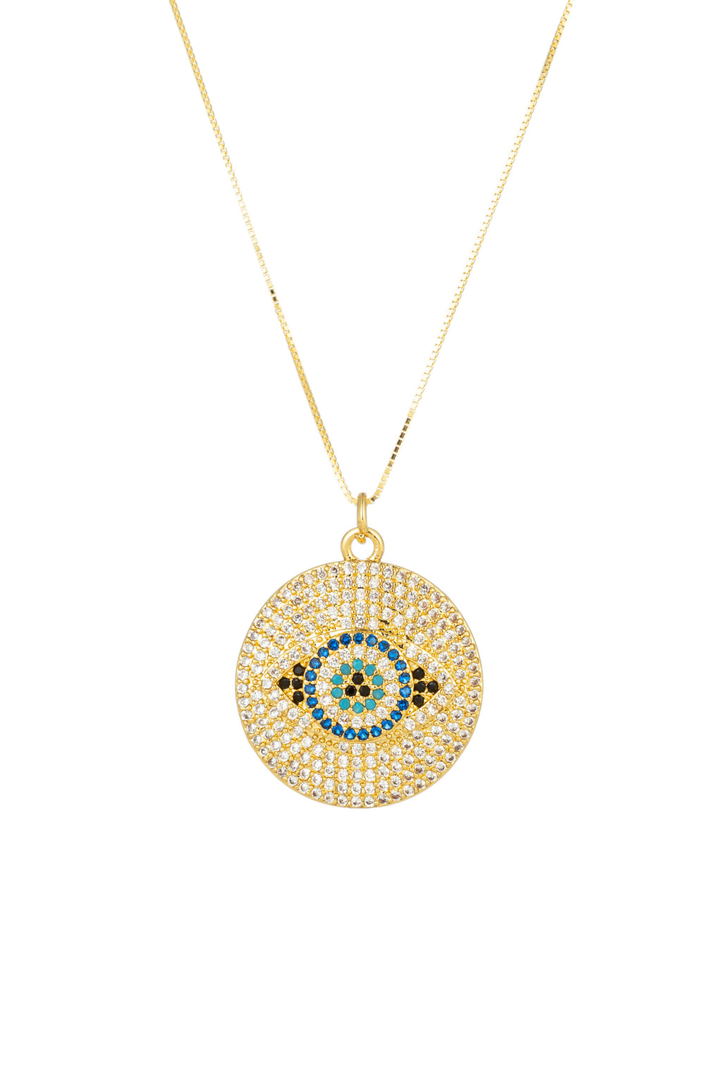 Sterling silver 14k gold plated Evil Eye necklace studded with CZ crystals.