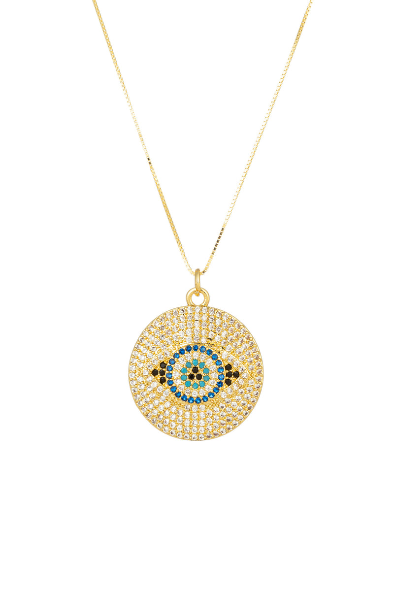 Sterling silver 14k gold plated Evil Eye necklace studded with CZ crystals.